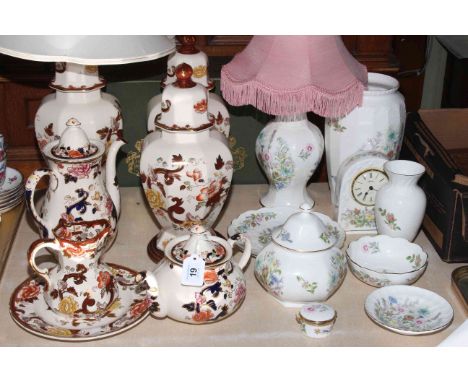 Mason's Brown Velvet table lamp, pair of lidded vases, jug and plate and Mason Mandalay tea and coffee pots and collection of