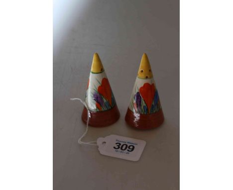 Clarice Cliff Crocus pattern conical salt and pepper pots.