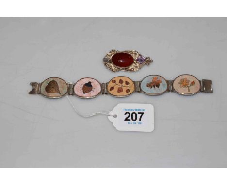 Silver brooch set with amethyst and amber coloured stone and enamel panel bracelet (2).