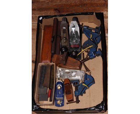 Box of joinery tools including planes, clamps, levels, etc.