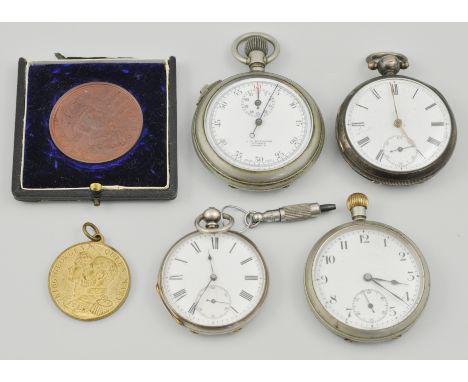 Silver cased pocket watch, Chester 1897, white enamel dial with Roman Numerals, another silver pocket watch, a plated pocket 