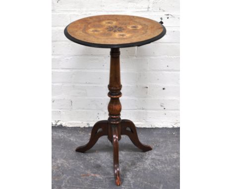 Victorian walnut and marquetry pedestal table, circular top with ebonised outline, ringed column on tripod legs, diameter 46c