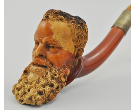 Victorian carved Meerschaum pipe, in the form of a bearded gentleman, in a fitted leather case, 21cm.