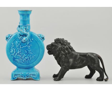 Minton moon flask shaped flask, turquoise ground, impressed mark to base, "Minton 1735" (a.f.), height 25cm, together with a 