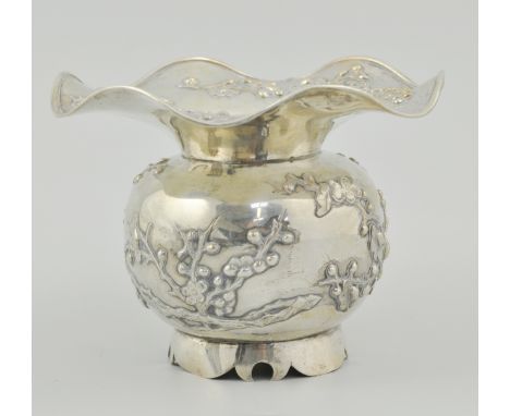 Chinese export silver spittoon, late 19th Century, cast in relief with prunus blossom, embossed mark to face, height 10cm.