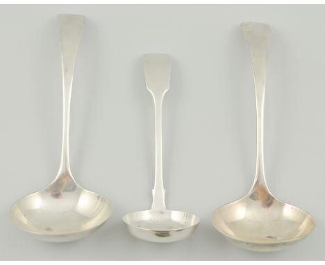 Two hallmarked silver ladles, by Walker & Hall and another silver ladle, (3).