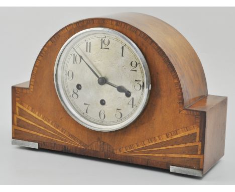 1930's domed top mantel clock, eight day movement, silvered dial, 23cm.