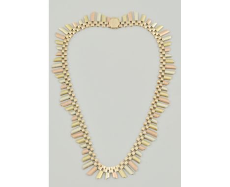 9ct three colour gold graduating collarette, Art Deco in style, weight, 39gms.