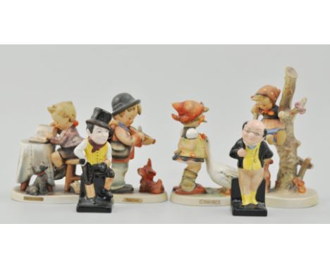 Royal Doulton miniature Dickens figures, "Pickwick" and "Sam Weller", together with four Hummel figures, (6).