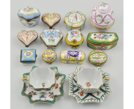 Collection of 20th Century Limoges porcelain and enamel pill boxes, together with two Continental cups and saucers (15).