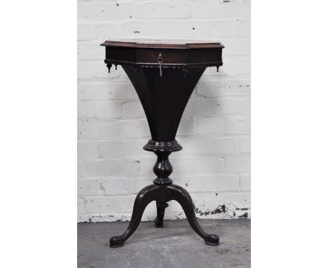 Victorian rosewood work box, octagonal form refitted interior, tripod legs, (much restored), width 55cms.
