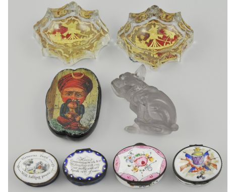 Enamel oval box, "Have Communion With Few, Be Familiar with One...", mirror enclosed, 4.3cm, another enamel box, Virtuous Lov