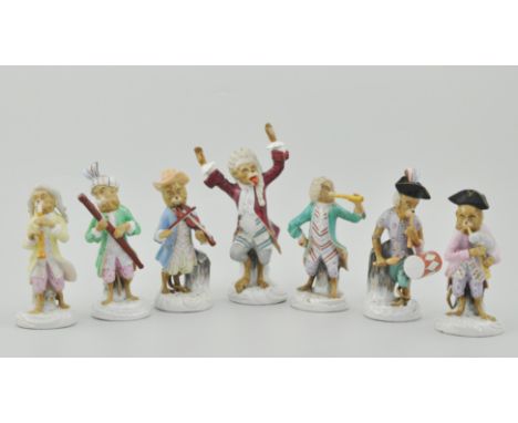Meissen style German porcelain seven piece Monkey Band, possibly 20th Century, blue scissor marks, including The Conductor, 1