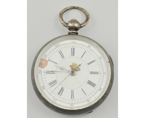 White metal chronograph pocket watch, stamped 0.935, white enamel dial with Roman numerals with associated key (a.f.).