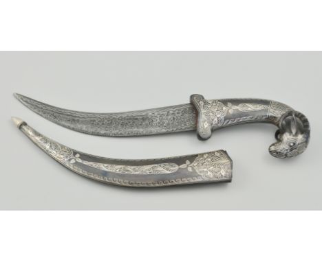 Indo Persian style dagger, with silver inlaid detailing, rams head handle, 34cm.