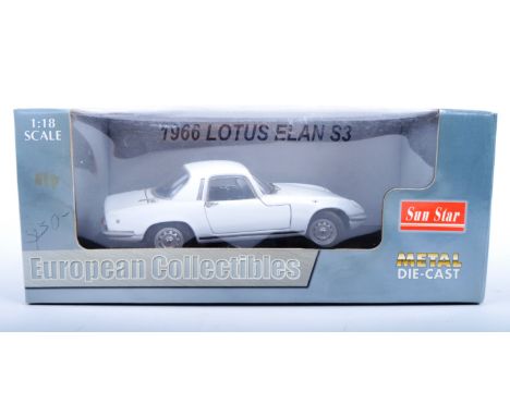 A Sun Star 1/18 scale diecast model car. European Collectibles, model is a Lotus Elan S3.&nbsp;&nbsp;Contents appears mint, i