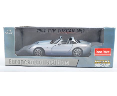 A Sun Star 1/18 scale diecast model car. European Collectibles, model is a 2004 TVR Tuscan MK2 Spectra Flair Silver.&nbsp; Co
