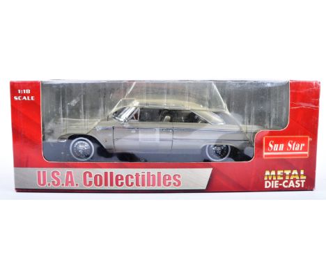 A Sun Star 1/18 scale diecast model car. U.S.A Collectibles, model is a 1963 Ford Galaxie 500, hard top.&nbsp; Contents appea