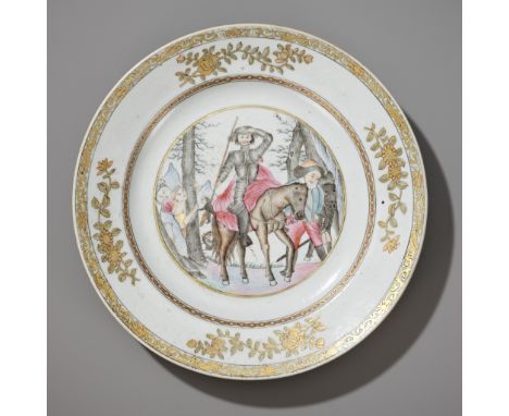 A RARE FAMILLE ROSE AND GRISAILLE 'DON QUIXOTE' DISH, QIANLONG PERIODChina, 1736-1795. The shallow rounded sides rising to a 