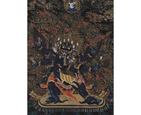 A BLACK-GROUND THANGKA DEPICTING VAJRAKILATibet, 18th-19th century. Ink, distemper, and gold on cloth. Finely painted with th