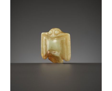 A CELADON AND RUSSET YELLOW JADE 'BIRD' AMULET, HONGSHAN CULTUREChina, c. 3500-3000 BC. Of flattened form, carved with protru