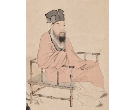 'SCHOLAR UNDER A WUTONG TREE', BY ZHANG DAQIAN (1899-1983)Exquisitely painted with a bearded scholar seated on a bamboo chair