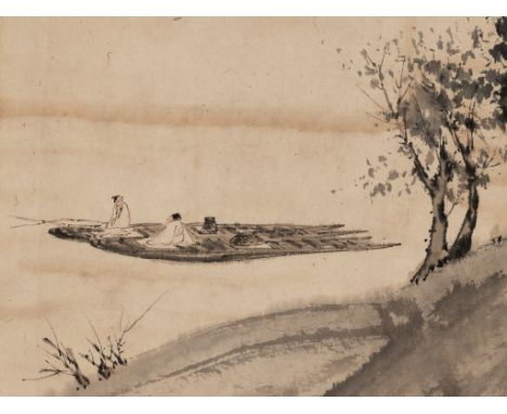 'SCHOLARS ON A BOAT', BY FU BAOSHI (1904-1965), DATED 1962Ink and watercolors on paper, laid down on paper. Superbly painted 