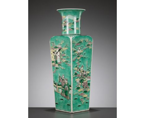 A FAMILLE VERTE SQUARE BALUSTER 'IMMORTALS' VASE, QING DYNASTYChina, 19th century. Brightly enameled to each side in yellow, 