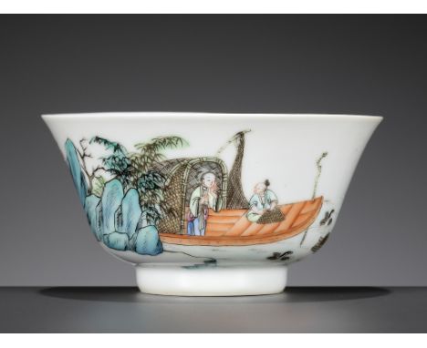 A SMALL AND RARE FAMILLE ROSE 'CORMORANT FISHING' BOWL, TONGZHI MARK AND PERIODChina, 1861-1875. The deep rounded sides suppo