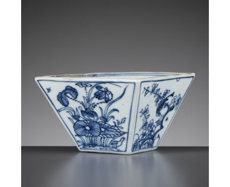 A BLUE AND WHITE 'FOUR SEASONAL FLOWERS' SQUARE BOWL, KANGXI PERIODChina, 1662-1722. Well potted with conical sides, painted 
