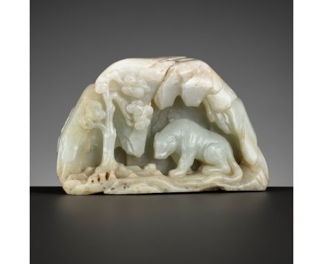 A PALE CELADON JADE 'TIGER' BOULDER, 17TH-18TH CENTURYChina. The boulder is naturalistically carved on one side depicting a c