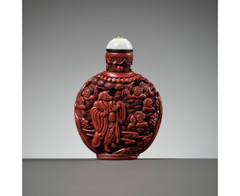 A 'JOURNEY TO THE WEST' CINNABAR LACQUER SNUFF BOTTLE, PROBABLY IMPERIALChina, 1740-1820. Of flattened globular form, deftly 