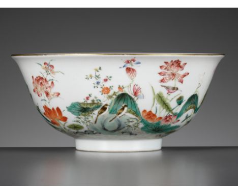 AN IMPERIAL FAMILLE ROSE 'LOTUS POND' BOWL, TONGZHI MARK AND PERIODChina, 1861-1875. Delicately potted, the deep sides suppor