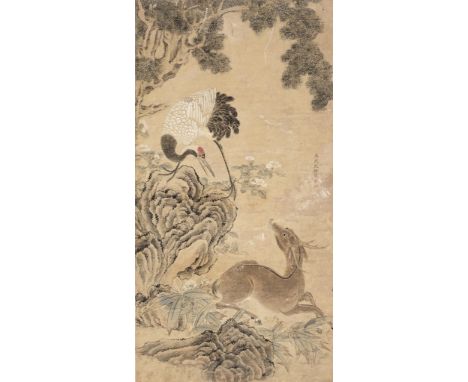 'CRANE AND DEER', BY SHEN QUAN (1682-1760)China, ca. 1730-1740. Ink and watercolors on paper. Finely painted with a confronti