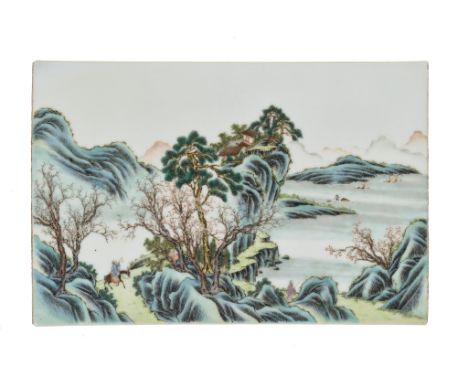 A FAMILLE ROSE 'LANDSCAPE' PLAQUE, LATE QING DYNASTY TO REPUBLIC PERIODChina, 1850-1949. Of rectangular form, painted in shad