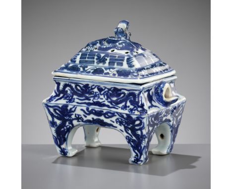 A RARE BLUE AND WHITE 'DRAGON' CENSER, WANLI MARK AND PERIODChina, 1573-1619. Heavily potted, the body of rectangular form wi