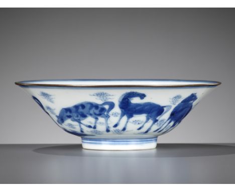 A BLUE AND WHITE 'EIGHT HORSES OF MU WANG' BOWL, KANGXI PERIODChina, 1662-1722. Of conical form, supported on a straight foot