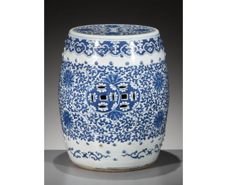 A BLUE AND WHITE BARREL-FORM GARDEN STOOL, QING DYNASTYChina, 1644-1912. Well painted in shades of cobalt blue with a dense n
