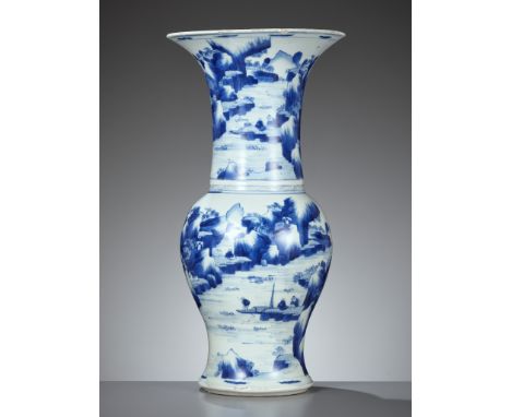 A BLUE AND WHITE YENYEN VASE, KANGXI PERIODChina, 1662-1722. Painted in deep purplish underglaze blue with figures in mountai