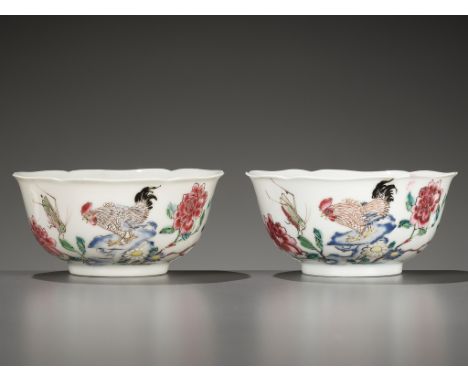 A PAIR OF EGGSHELL FAMILLE ROSE FOLIATE-RIMMED 'CHICKEN' CUPS, YONGZHENG TO EARLY QIANLONGChina, 1723 - c. 1750. Delicately p