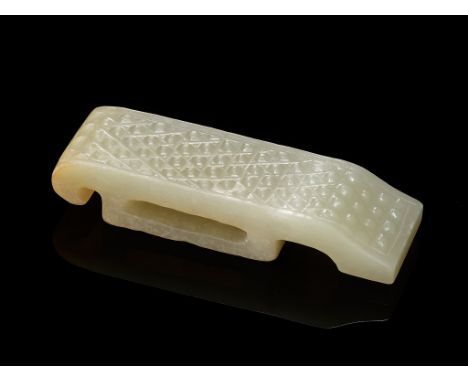 A CELADON JADE SCABBARD SLIDE, LATE EASTERN ZHOU TO HAN DYNASTYChina, 5th century BC to 3rd century AD. Of rectangular form, 