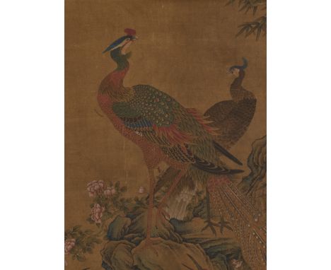 'HUNDRED BIRDS WORSHIP THE PHOENIX', BY SHEN QUAN (1682-1760), DATED 1750China. Ink and watercolors on silk, with a silk broc