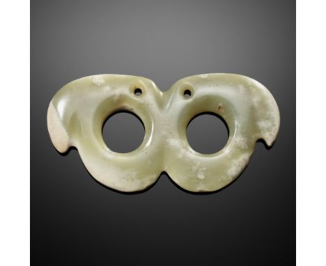 A CELADON JADE DOUBLE RING PENDANT, HONGSHAN CULTUREChina, Neolithic period, 3500-2500 BC. Of double she (thumb ring) form, f