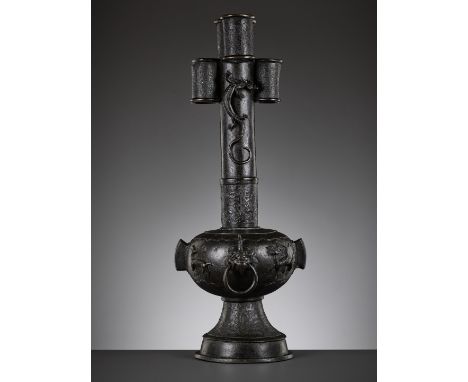 A LARGE BRONZE 'CHILONG' FOUR-TUBE ARROW VASE, TOUHU, YUAN TO MING DYNASTYChina, 1279-1644. Heavily cast with a compressed gl