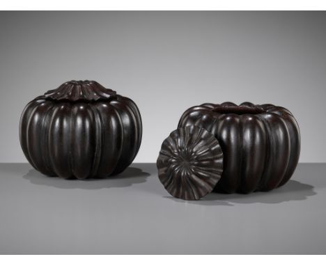 A PAIR OF ZITAN WEIQI COUNTER CONTAINERS, WEIQIZIHE, 17TH-18TH CENTURYChina. Each of melon form, with well-rounded double lob
