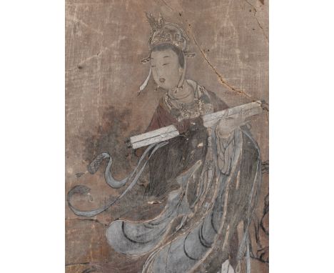 A STUCCO FRESCO FRAGMENT DEPICTING A CELESTIAL MAIDEN, YUAN TO MING DYNASTYChina, 13th-16th century. Finely painted in polych