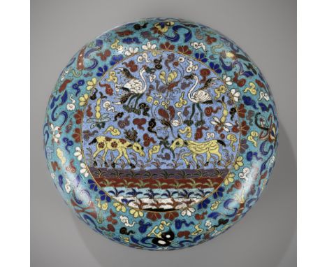 A LARGE CLOISONNE ENAMEL BOX AND COVER, JIAQING PERIODChina, 1796-1820. Of circular form, the domed cover decorated in bright