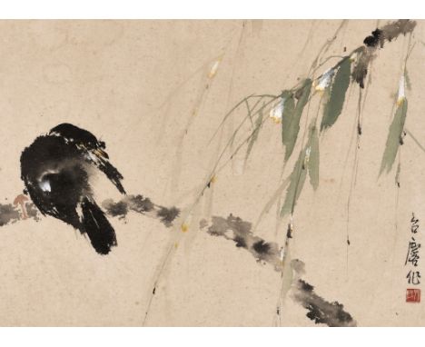 'BIRD AND BAMBOO', BY FANG ZHAOLIN (1914-2006)China, c. 1950-1970. Ink and watercolors on paper. Depicting a black bird perch