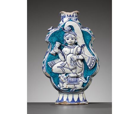 A JAIPUR BLUE POTTERY 'PARVATI' FLASK, INDIA, RAJASTHAN, 19TH CENTURY OR EARLIERFinely molded and painted in bright cobalt-bl