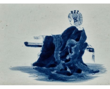 A RARE 'LADY PLAYING THE QIN' BLUE AND WHITE PORCELAIN TRAY, 18TH-19TH CENTURYChina, 1700-1850. Of rectangular form, finely p